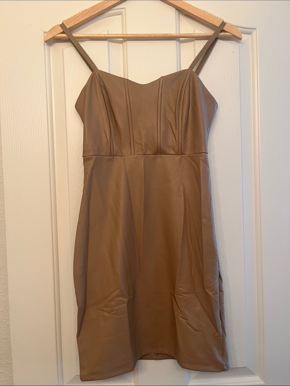 Guess Faux Leather Mini Slip Dress in Tan